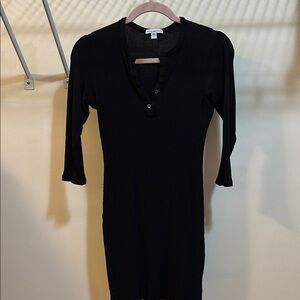 James Perse Black Bodycon Dress with V-Neck and Cuffed Sleeves